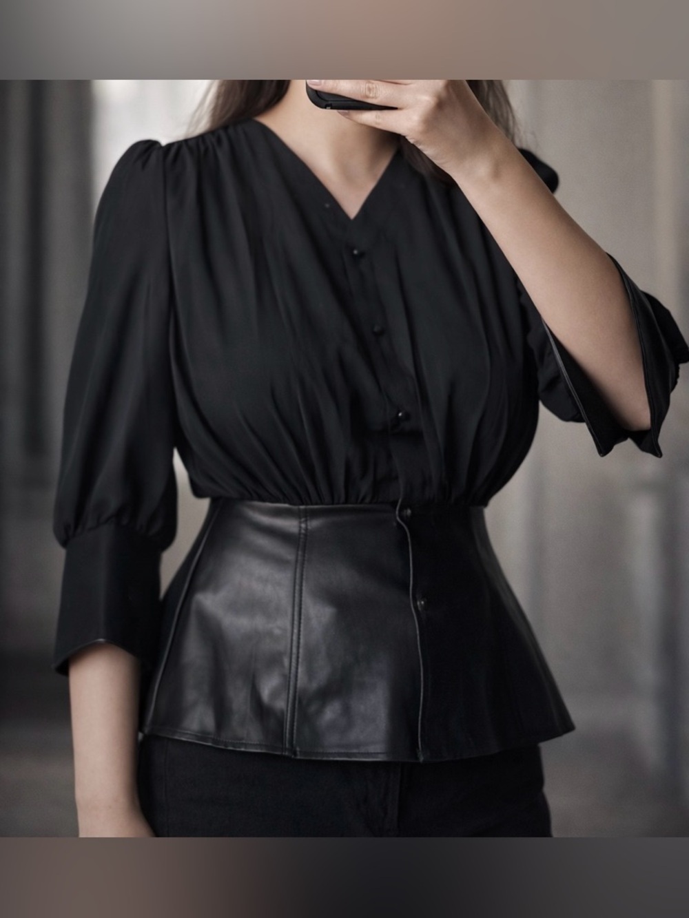 Gracia Black Button Down Blouse, Vegan Leather Detail, Size Small(2)